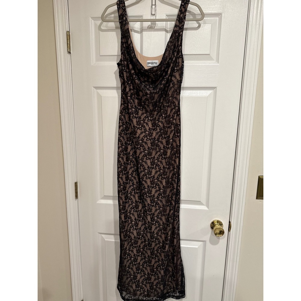 Princess Polly Black Lace Cowl Neck Maxi Dress Nude Lining US 8 Evening Formal